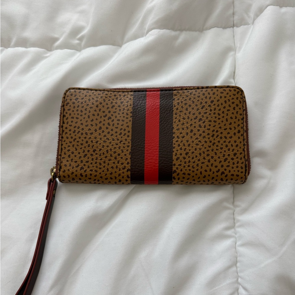 Fossil Jori Zip Wristlet in a cheetah print with red stripe